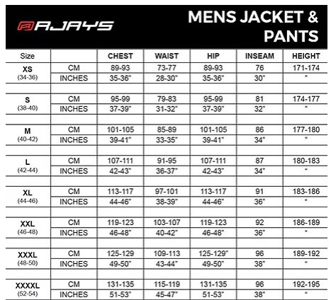 rjays size chart mens jacket pants